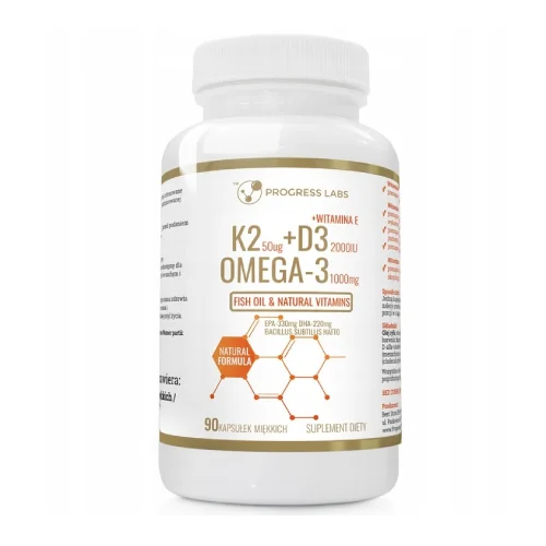 Zdjęcie produktu - Progress Labs Omega-3 1000 mg + K2 50 mcg + D3 50 mcg 2000 IU, 90 kaps.