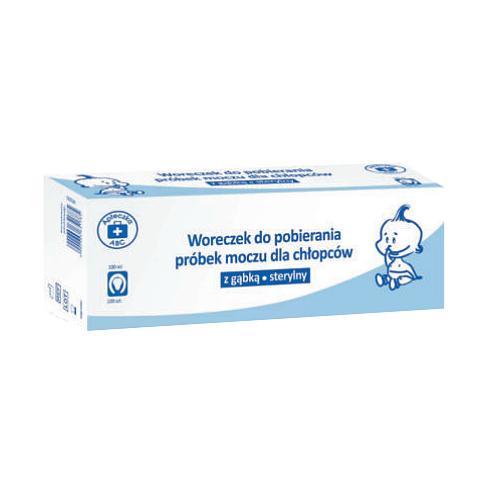 Zdjęcie produktu - Apteczka ABC Woreczek do pobierania pr&oacute;bek moczu dla chłopc&oacute;w z gąbką, sterylny, 100ml