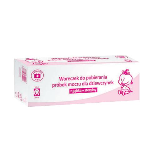 Zdjęcie produktu - Apteczka ABC Woreczek do pobierania pr&oacute;bek moczu dla dziewczynek z gąbką, sterylny, 100ml