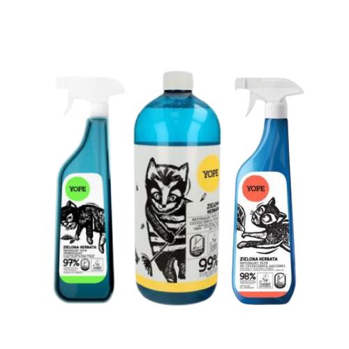 YOPE Zielona herbata Zestaw czyszczący: płyn do podł&oacute;g, 1000ml + płyn do czyszczenia łazienki, 750ml + płyn uniwersalny, 750ml