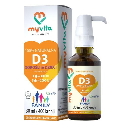 Miniaturka artykułu - MyVita Witamina D3 Family dla dzieci i dorosłych krople, 30 ml