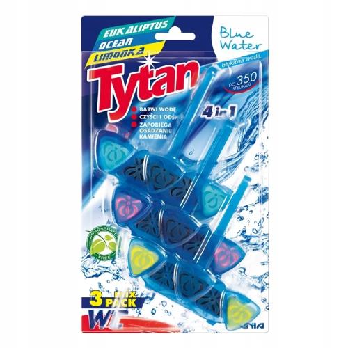 Zdjęcie produktu - TYTAN Czterofunkcyjna zawieszka do WC barwiąca wodę Blue Water Ocean, Eukaliptus i Limonka, 3x40g