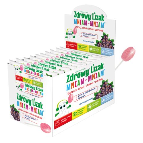 Zdjęcie produktu - Zdrowy Lizak MNIAM-MNIAM Gardło, krtań i struny głosowe o smaku czarnej porzeczki, 40szt.