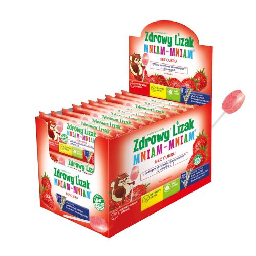 Zdjęcie produktu - Zdrowy Lizak Mniam-Mniam truskawka bez cukru kształt łezki, 40szt.