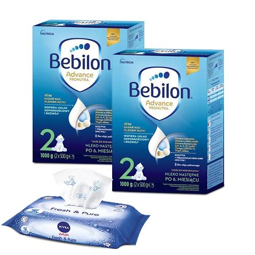 Zestaw 2x Bebilon 2 Pronutra Advance Mleko następne po 6. miesiącu, 1000g + Nivea Baby Fresh&Pure Chusteczki nawilżane, 63szt.