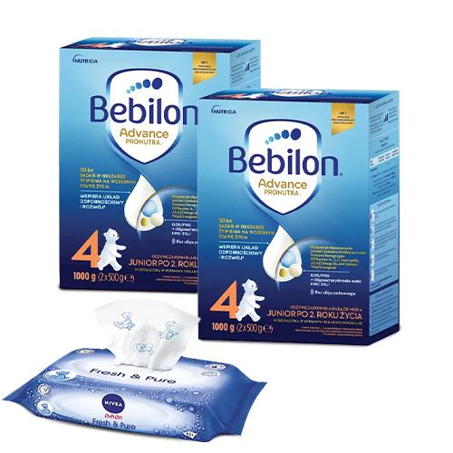 Zestaw 2x Bebilon 4 Pronutra Advance Junior Formuła na bazie mleka po 2. roku życia, 1000g + Nivea Baby Fresh&Pure Chusteczki nawilżane, 63szt.