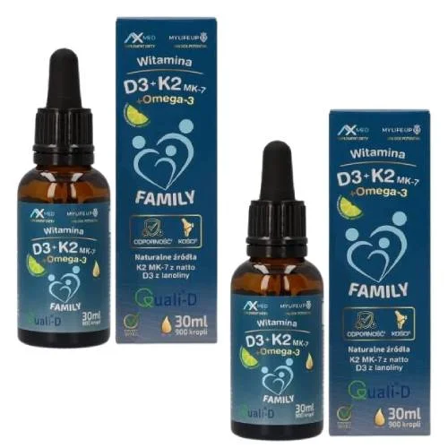 Zdjęcie produktu - Zestaw AX MED Witamina D3+K2 MK-7+Omega-3 Family Krople dla dzieci i dorosłych, 2 x 30 ml
