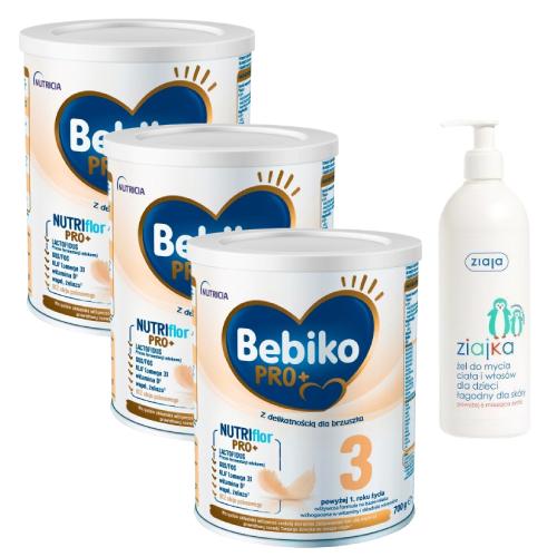 Zestaw Bebiko Pro+ 3 Odżywcza formuła na bazie mleka dla dzieci powyżej 1. roku życia, 3 x 700 g + Ziaja Ziajka Żel do mycia ciała i włos&oacute;w dla dzieci, 400 ml
