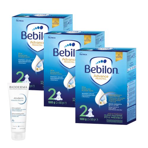 Zestaw Bebilon 2 Pronutra+ Mleko następne w proszku dla niemowląt po 6. miesiącu, 3 x 1000 g + Bioderma Atoderm Intensive baume Ultrakojący balsam emolientowy, 75 ml