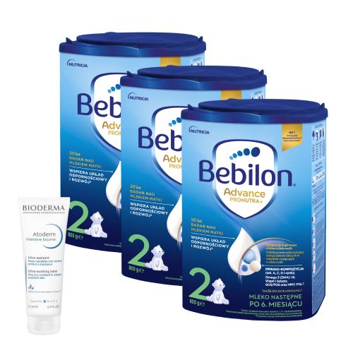Zestaw Bebilon 2 Pronutra+ Mleko następne w proszku dla niemowląt po 6. miesiącu, 3 x 800 g + Bioderma Atoderm Intensive baume Ultrakojący balsam emolientowy, 75 ml