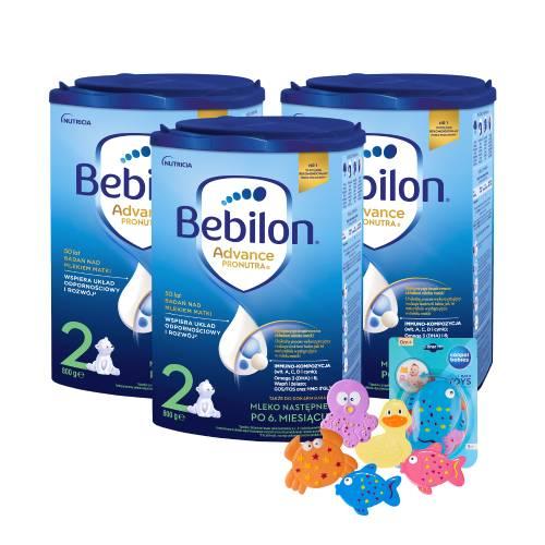Zestaw Bebilon 2 Pronutra+ Mleko następne w proszku dla niemowląt po 6. miesiącu, 3 x 800 g + Canpol Babies zestaw zabawek do kąpieli z przyssawkami, 5 szt.