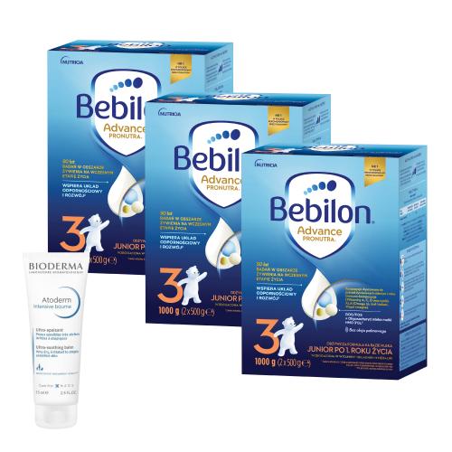 Zestaw Bebilon 3 Pronutra Junior Formuła na bazie mleka po 1. roku życia, 3 x 1000 g + Bioderma Atoderm Intensive baume Ultrakojący balsam emolientowy, 75 ml