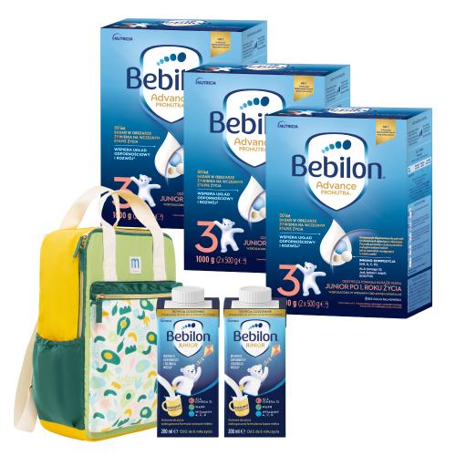 Zestaw Bebilon 3 Pronutra Junior Formuła na bazie mleka po 1. roku życia, 3 x 1000 g + kolorowy plecak Mustela z dwoma mlekami Bebilon Junior, 200 ml