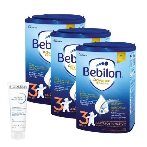 Zestaw Bebilon 3 Pronutra Junior Formuła na bazie mleka po 1. roku życia, 3 x 800 g + Bioderma Atoderm Intensive baume Ultrakojący balsam emolientowy, 75 ml