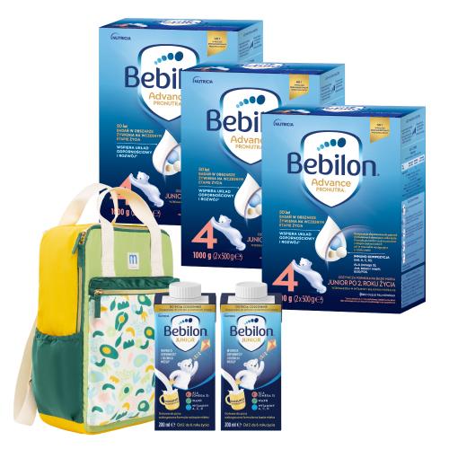 Zestaw Bebilon 4 Pronutra Junior Formuła na bazie mleka po 2. roku życia, 3 x 1000 g + kolorowy plecak Mustela z dwoma mlekami Bebilon Junior, 200 ml