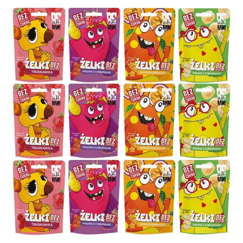 Zestaw BeRAW Kids Żelki: Banan z chrupkami + Malina z chrupkami + Mango Marakuja + Truskawka, 12x35g