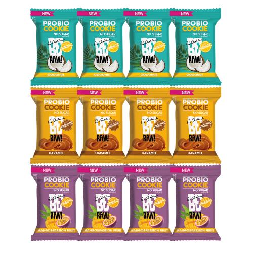 Zestaw BeRAW Probio Cookie: Caramel + Coconut + Mango & Passion Fruit, 12x18g