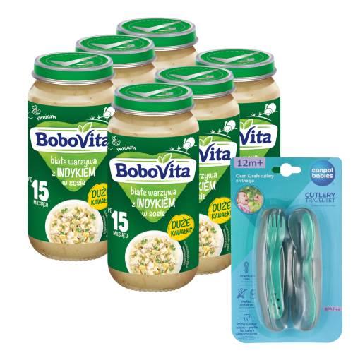 Zestaw BoboVita Białe warzywa z indykiem w sosie po 15 miesiącu, 6 x 250 g + Canpol Babies Zestaw sztućc&oacute;w w etui, 1 szt.