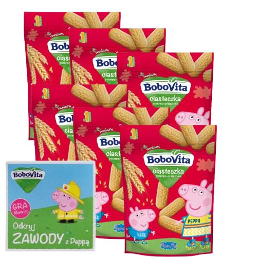 Zestaw BoboVita Chrupiące ciasteczka pszenno-orkiszowe, 6 x 150 g + Gra Memory "Odkryj zawody z Peppą"