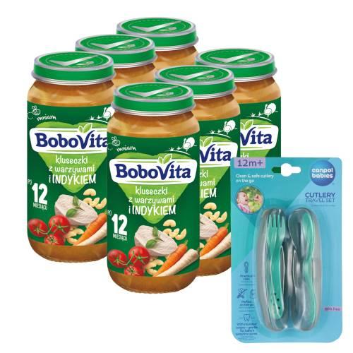 Zestaw BoboVita Kluseczki z warzywami i indykiem po 12 miesiącu, 6 x 250 g + Canpol Babies Zestaw sztućc&oacute;w w etui, 1 szt.