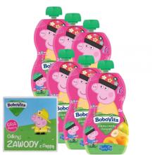 Zestaw BoboVita Peppa Pig Mus gruszka z bananem i morelą 6m+, 6 x 100 g + Gra Memory "Odkryj zawody z Peppą"