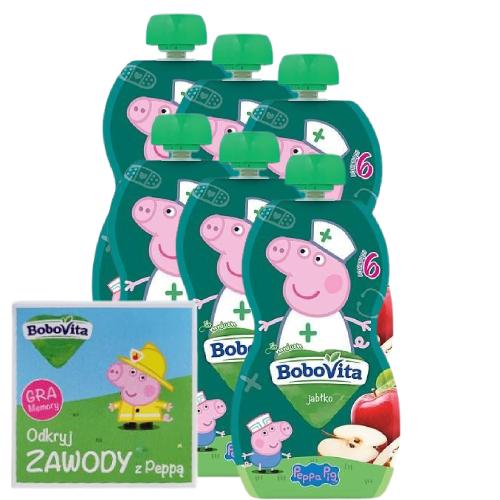 Zestaw BoboVita Peppa Pig Mus jabłko 6m+, 6 x 100 g + Gra Memory "Odkryj zawody z Peppą"