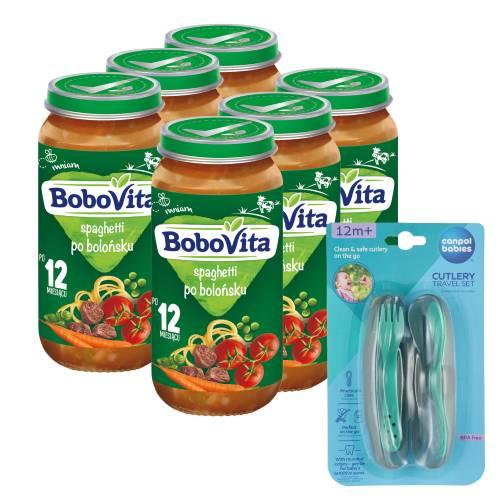 Zestaw BoboVita Spaghetti po bolońsku po 12 miesiącu, 6 x 250 g + Canpol Babies Zestaw sztućc&oacute;w w etui, 1 szt.