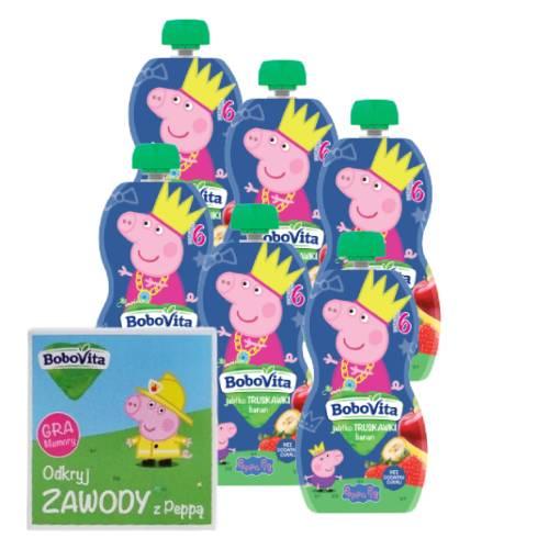 Zestaw BoboVita Świnka Peppa Mus jabłko i truskawki z bananem 6m+, 6 x 100 g + Gra Memory "Odkryj zawody z Peppą"