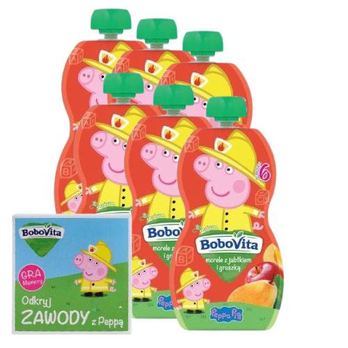 Zestaw BoboVita Świnka Peppa Mus morele z jabłkiem i gruszką 6m+, 6 x 100 g + Gra Memory "Odkryj zawody z Peppą"