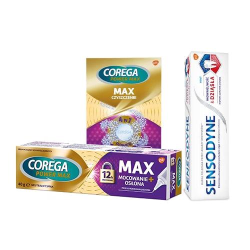 Zestaw COREGA Max Czyszczenie, 30tabl. + Krem mocujący, 40g + SENSODYNE Nadwrażliwość & Dziąsła Pasta do zęb&oacute;w, 75ml