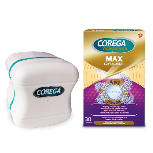 Zestaw COREGA Max Czyszczenie Tabletki do czyszczenia protez zębowych, 30tabl. + Pojemnik na protezy zębowe