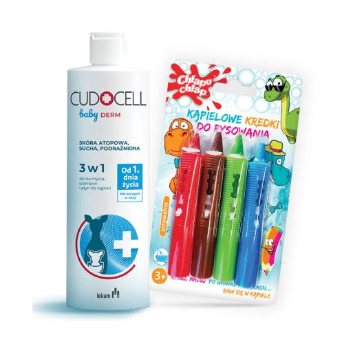 Zestaw CUDOCELL Baby Derm 3w1 żel do mycia, szampon i płyn do kąpieli, 400ml + CHLAPU CHLAP Kąpielowe kredki do rysowania, 4 kolory