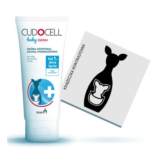 Zestaw CUDOCELL Baby Derm bezzapachowa emulsja do pielęgnacji twarzy i ciała, 180ml + Książeczka kontrastowa 