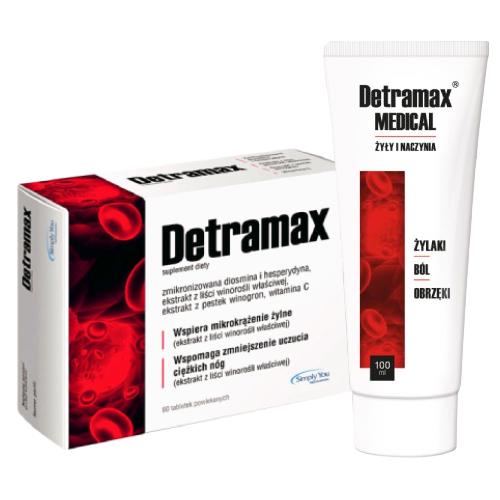 Zdjęcie produktu - Zestaw Detramax, 60 tabletek + Detramax Medical Żyły i Naczynia żel, 100ml