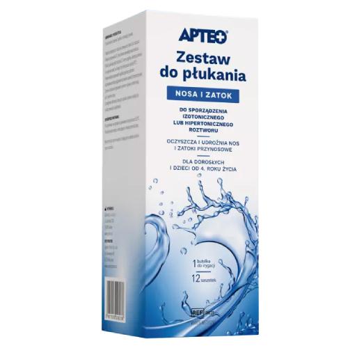 Zdjęcie produktu - Zestaw do płukania nosa i zatok APTEO, 12 saszetek + 1 butelka