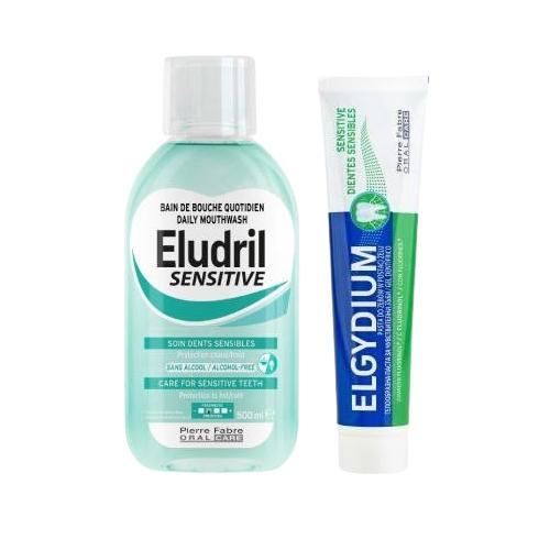 Zestaw do zęb&oacute;w wrażliwych Eludril SENSITIVE Płyn do płukania jamy ustnej, 500 ml + ELGYDIUM Sensitive pasta do zęb&oacute;w wrażliwych, 75 ml