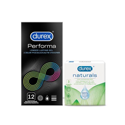 Zestaw DUREX PERFORMA Prezerwatywy z żelem, 12 sztuk + DUREX Naturals Prezerwatywy, 3 szt.