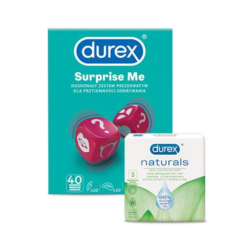 Zestaw DUREX Surprise Me Prezerwatywy, 40szt. + DUREX Naturals Prezerwatywy, 3 szt.