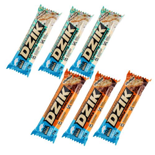 Zdjęcie produktu - Zestaw Dzik Salty Carmel Baton proteinowy, 3 x 73 g + Dzik Creamy Coconut Baton proteinowy, 3 x 73 g