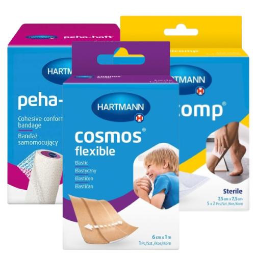 Zestaw ekonomiczny - MEDICOMP 7,5cm x 7,5cm kompresy jałowe, 5x2szt. + Peha-haft Bandaż samomocujący 6cm x 4m, 1 sztuka + Cosmos flexible 6cm x 1m Plaster elastyczny
