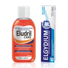 Zdjęcie produktu - Zestaw ELGYDIUM ANTI-PLAQUE pasta do zęb&oacute;w, 75ml +  Eludril CARE płyn do płukania jamy ustnej, 500ml