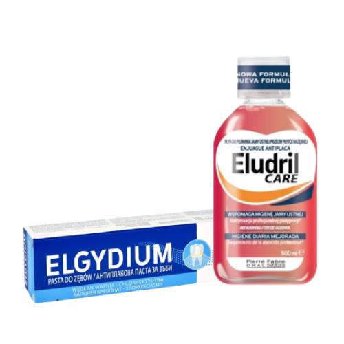 Zestaw ELGYDIUM ANTI-PLAQUE pasta do zęb&oacute;w, 75ml +  Eludril CARE płyn do płukania jamy ustnej, 500ml