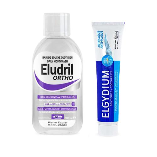 Zestaw ELGYDIUM ANTI-PLAQUE pasta do zęb&oacute;w, 75 ml + Eludril ORTHO Płyn do płukania jamy ustnej, 500 ml