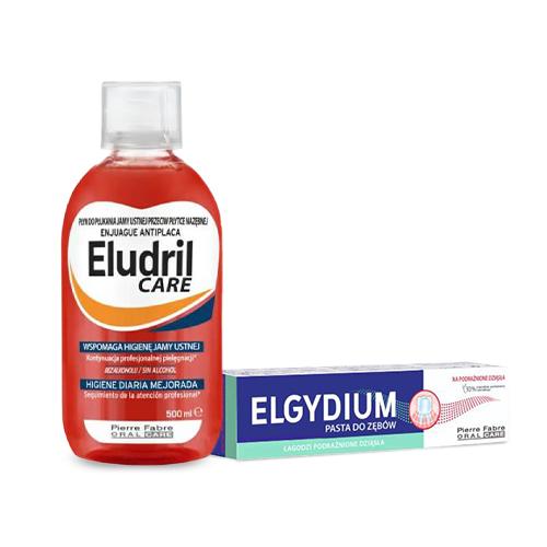 Zestaw ELGYDIUM Na podrażnione dziąsła pasta do zęb&oacute;w, 75 ml + Eludril CARE płyn do płukania jamy ustnej, 500 ml