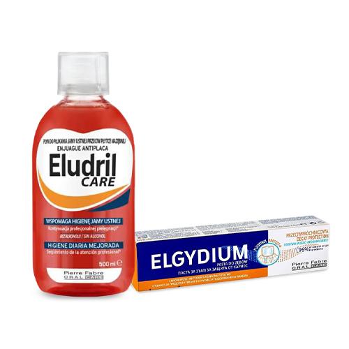 Zdjęcie produktu - Zestaw ELGYDIUM Przeciwpr&oacute;chnicowa pasta do zęb&oacute;w, 75 ml + Eludril CARE płyn do płukania jamy ustnej, 500 ml