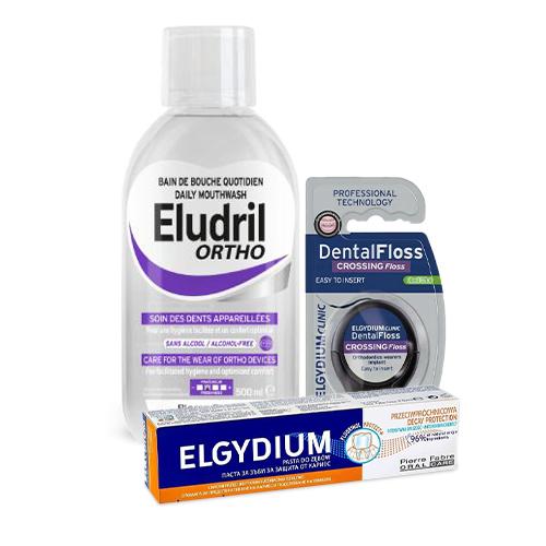 Zestaw ELGYDIUM Przeciwpr&oacute;chnicowa pasta do zęb&oacute;w, 75 ml + Eludril ORTHO Płyn do płukania jamy ustnej, 500 ml + ELGYDIUM Dental Floss Nić dentystyczna, 30 odcink&oacute;w