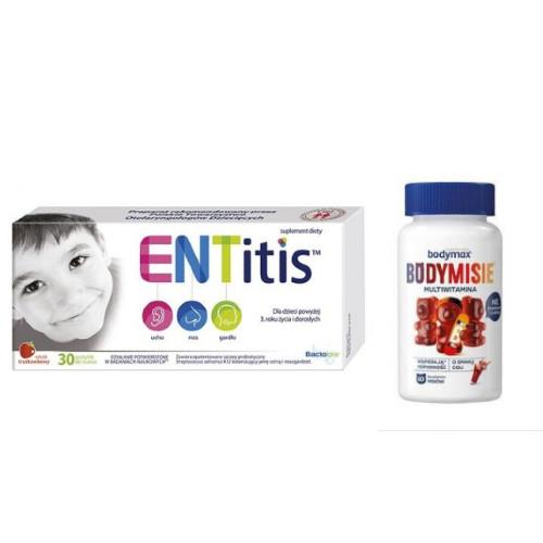 Zestaw ENTitis do ssania truskawkowy, 30 pastylek + Bodymax Bodymisie o smaku coli żelki, 60szt.