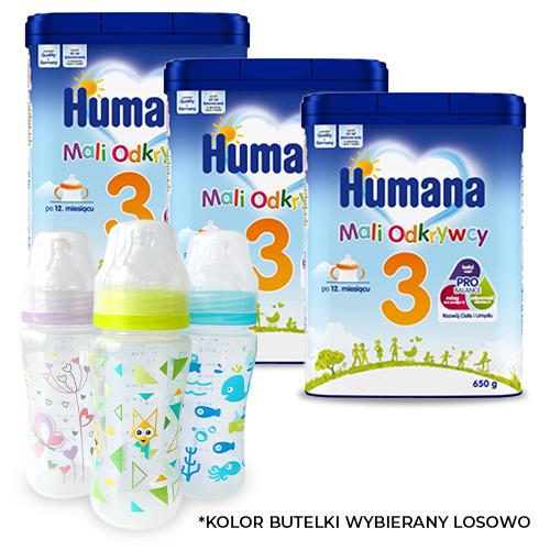 Zestaw HUMANA 3 Mali Odkrywcy Mleko modyfikowane po 12. miesiącu, 3x 650g + BABYONO Butelka antykolkowa 0m+ 300ml - w losowym kolorze