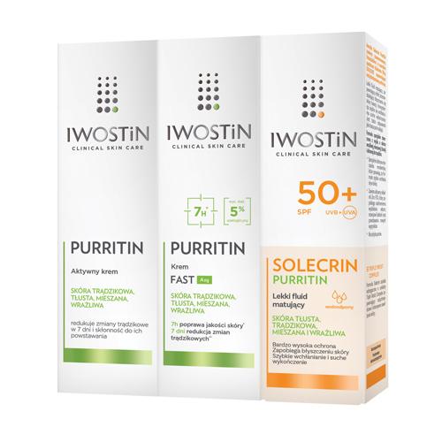 Zestaw Iwostin Purritin: Aktywny krem, 40ml + Krem Fast AZG, 40ml + Solecrin Purritin Lekki fluid matujący SPF 50+, 40ml