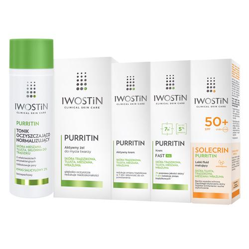 Zestaw Iwostin Purritin: aktywny żel do mycia twarzy, 150ml + tonik oczyszczająco normalizujący, 200ml + SOLECRIN lekki fluid matujący spf 50+, 40ml + aktywny krem, 40ml + krem fast azg, 40ml